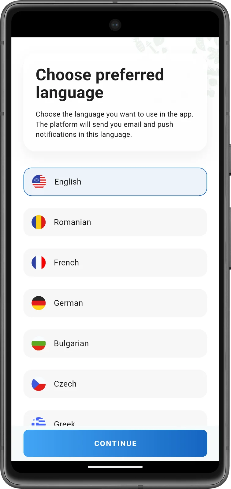 VOGO mobile app — language selection