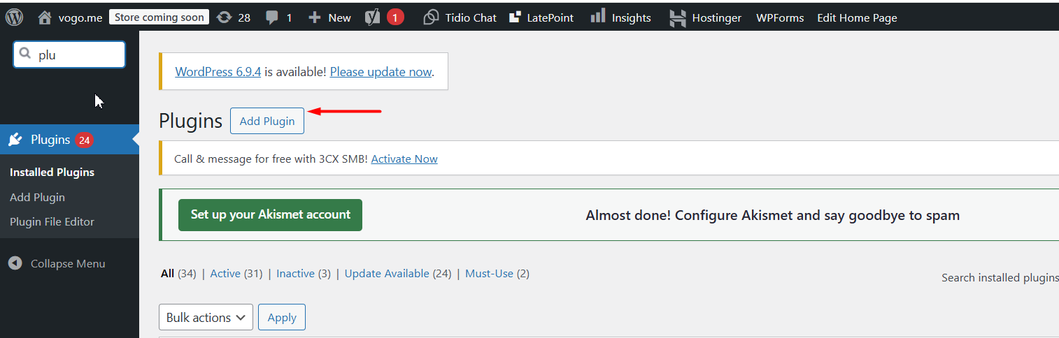 WordPress Add New Plugin screen step 1