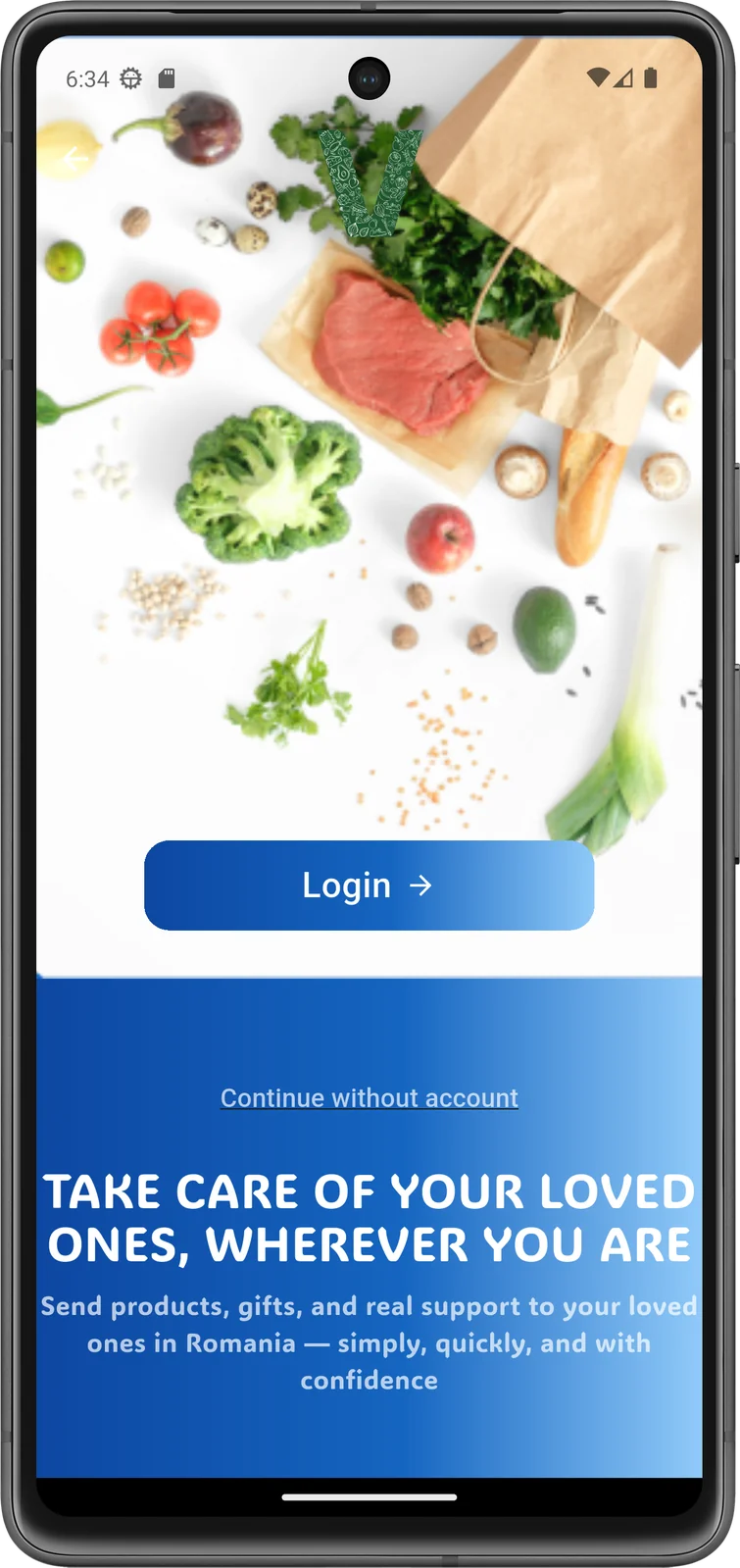 Aplicație mobilă VOGO — ecran de bun venit în spațiu