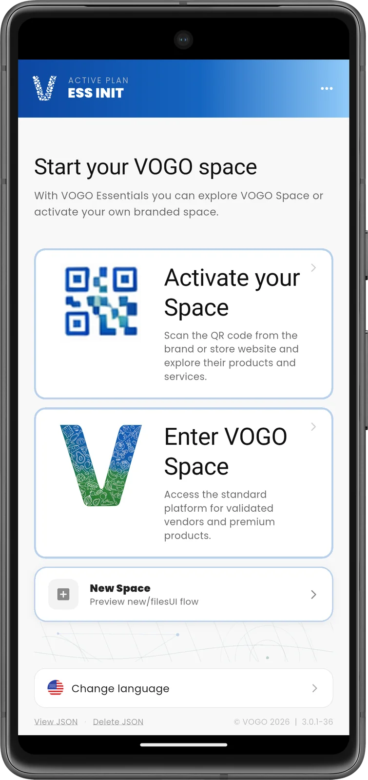 Aplicație mobilă VOGO — selectare brand / spațiu