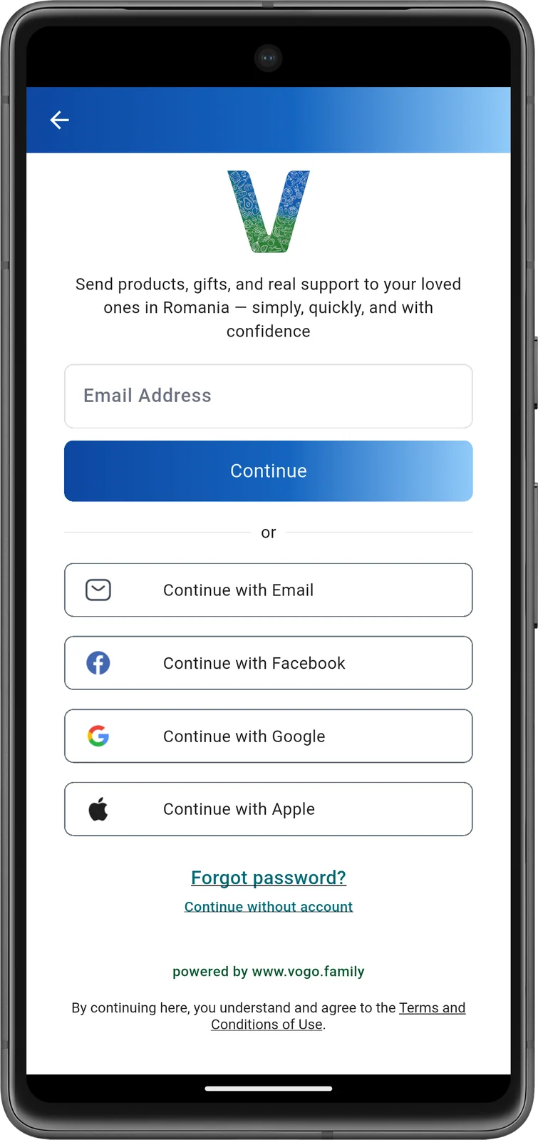 Aplicație mobilă VOGO — login