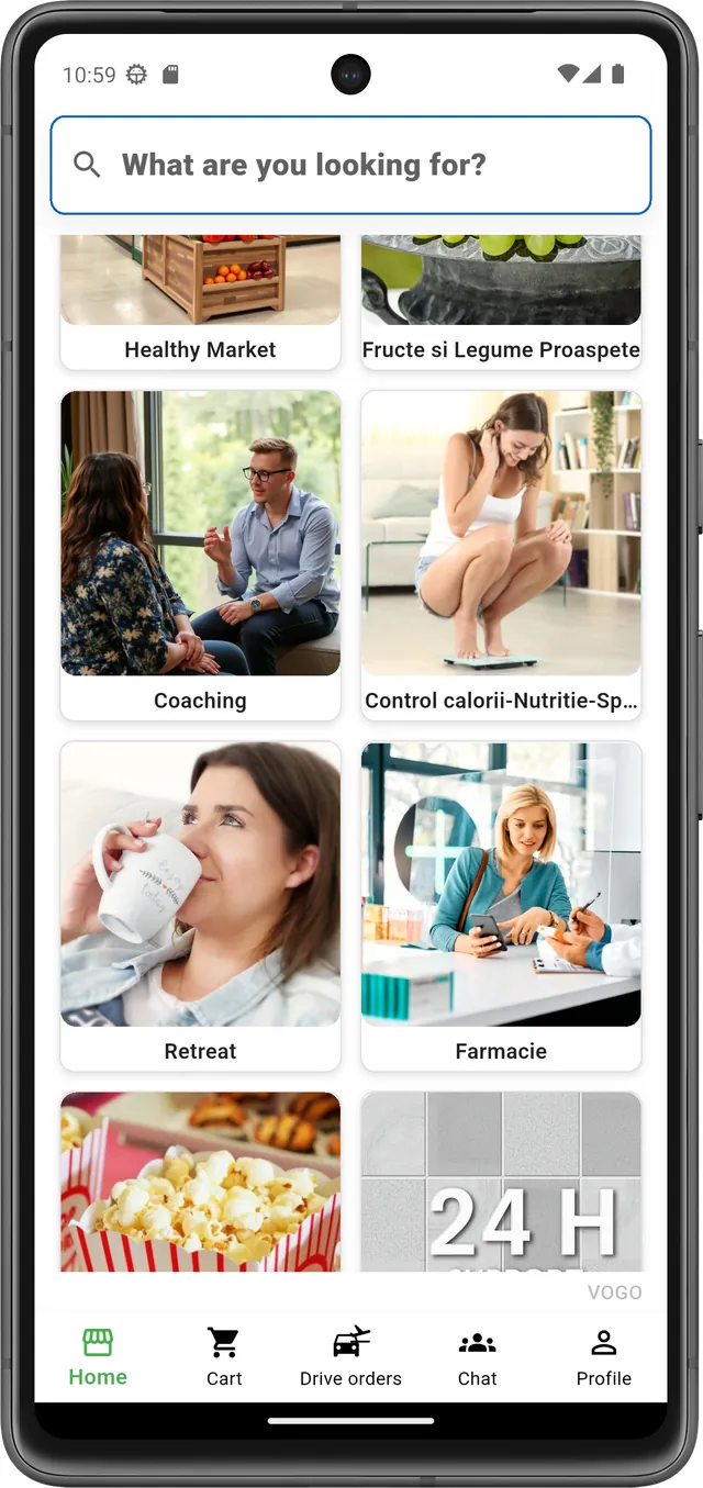 Aplicație mobilă VOGO — coaching, farmacie, cinema