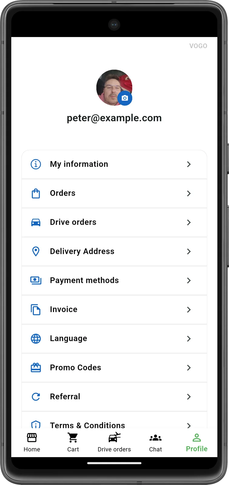 Aplicație mobilă VOGO — cont utilizator