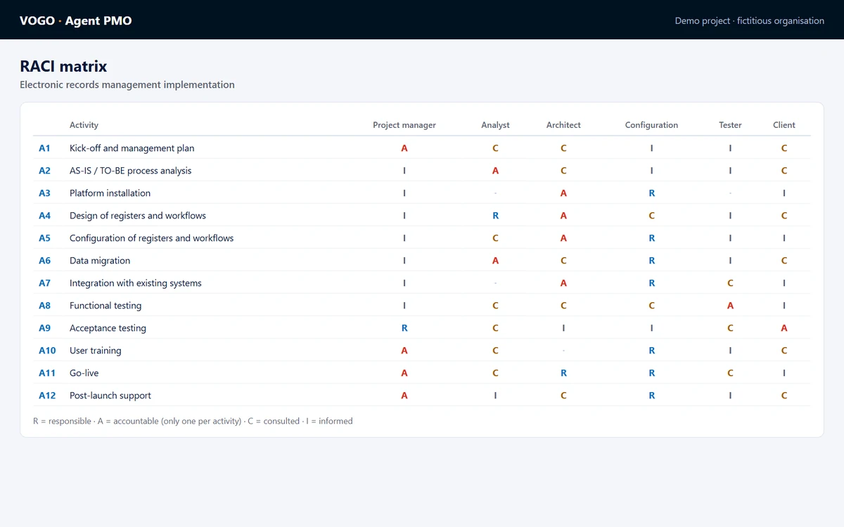 RACI matrix of the demo project, by activity and role