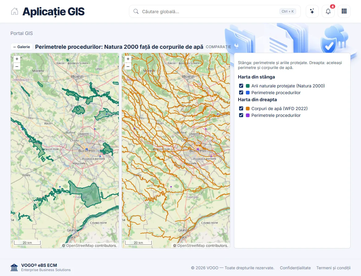 The comparison application: two synchronised maps with different sets of layers