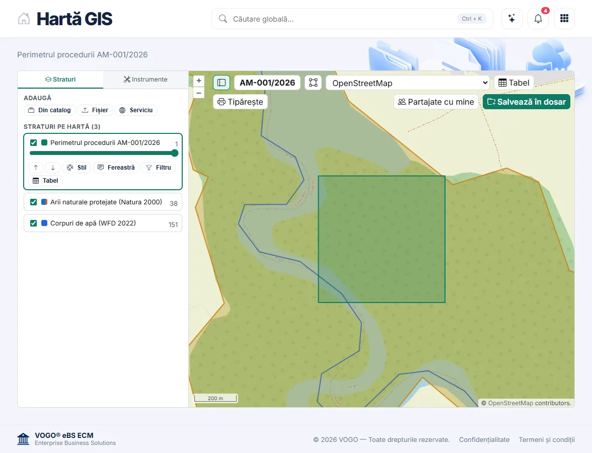 The GIS Map screen: the perimeter of procedure AM-001/2026 over the Natura 2000 site Lunca Mijlocie a Argeșului