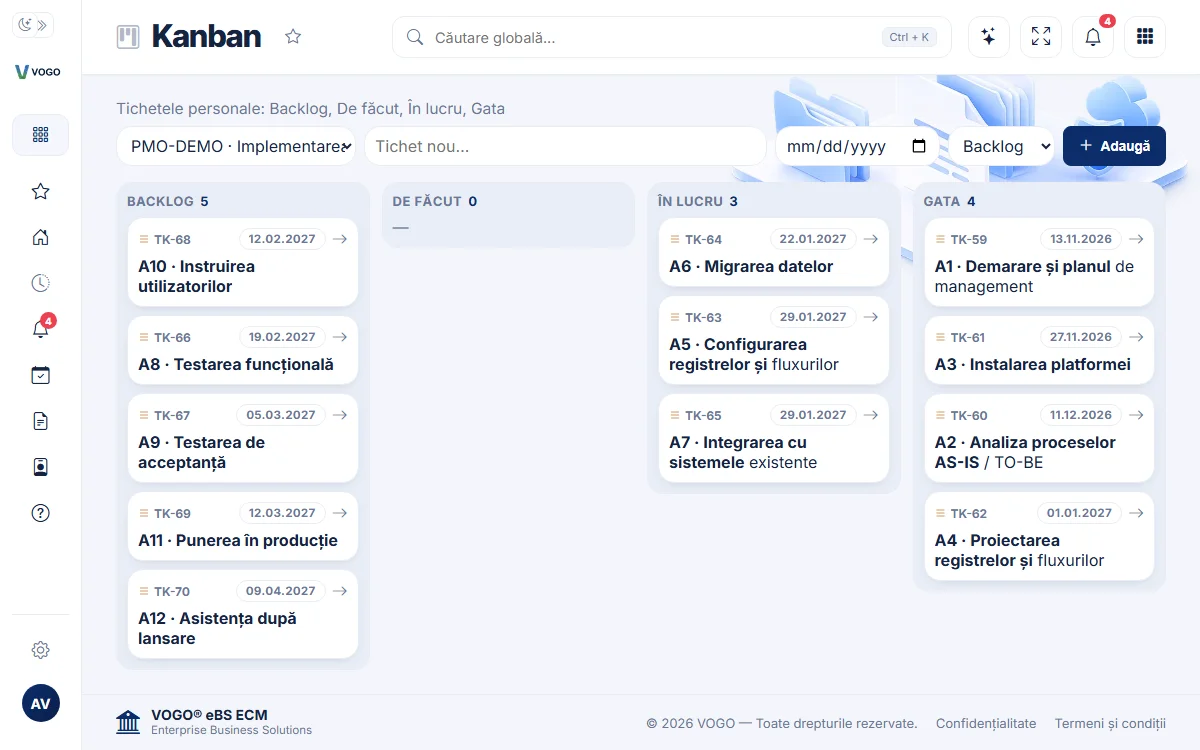 Kanbanul VOGO eBS: tichetele unui proiect pe coloanele Backlog, De făcut, În lucru și Gata