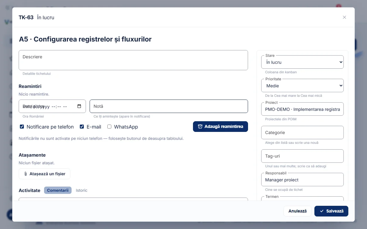 Fișa unui tichet: descriere, reamintiri, atașamente, activitate și câmpurile din dreapta